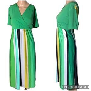 Bella Flore Womens Midi Dress Striped Empire Waist Wrap Front Green Large